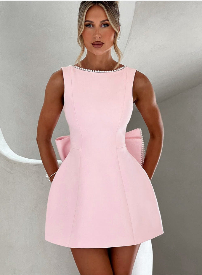 Bowed Pearls Backless Dress Summer