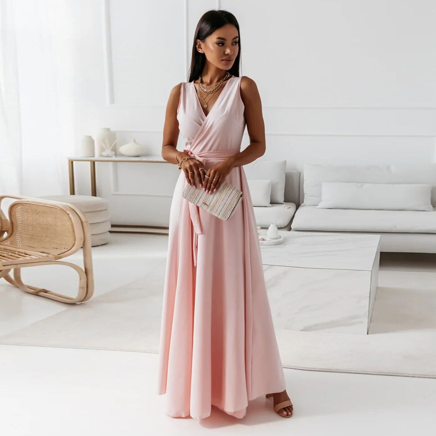 V-neck Sleeveless Dress With Belt