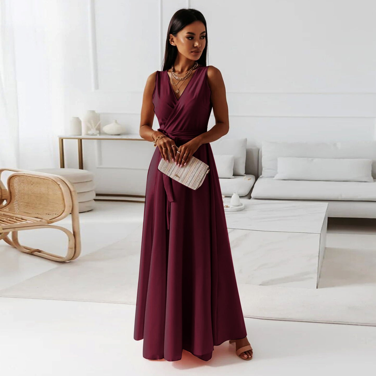 V-neck Sleeveless Dress With Belt