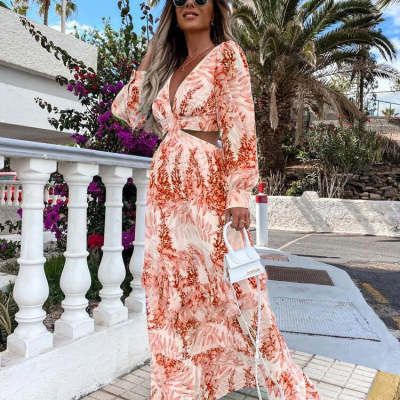 Spring Summer Print V-neck Long Sleeve Dress