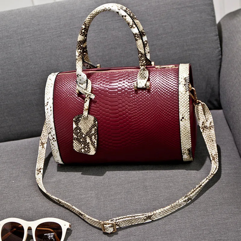 Women Hand Bag Snake Leather Boston Handbag