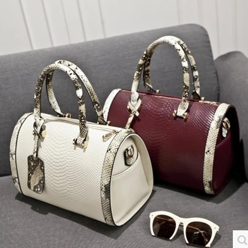 Women Hand Bag Snake Leather Boston Handbag