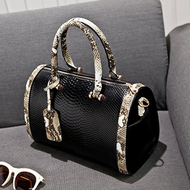 Women Hand Bag Snake Leather Boston Handbag