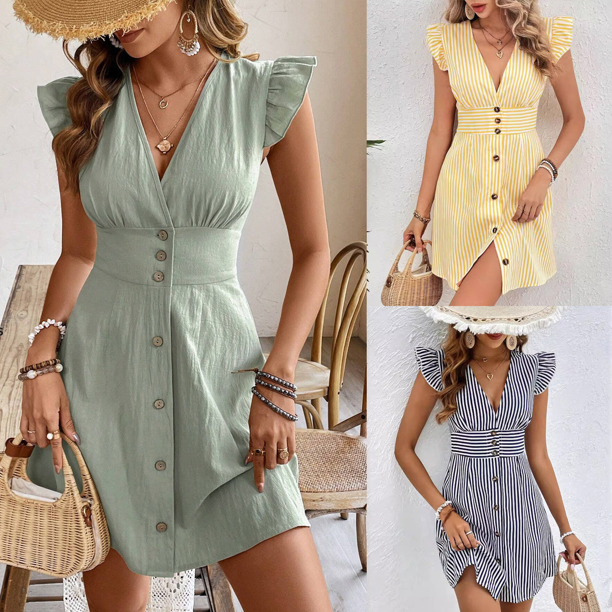 V-neck Splicing Stripe Beach Style Dress