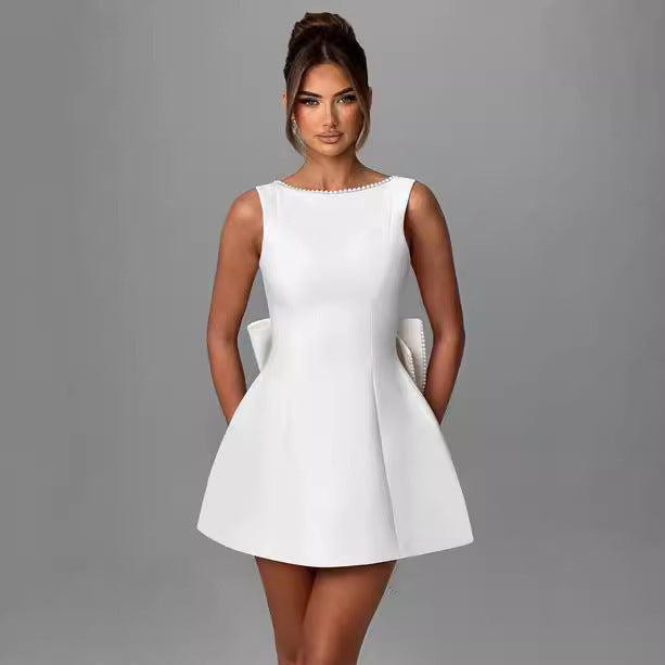 Bowed Pearls Backless Dress Summer