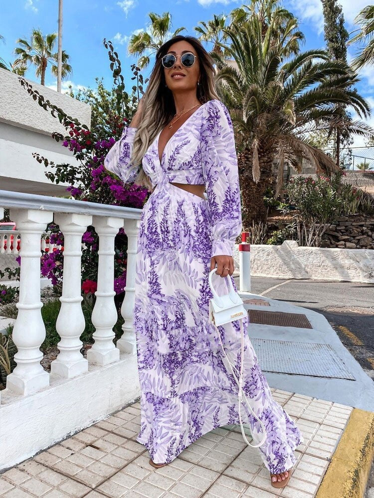 Spring Summer Print V-neck Long Sleeve Dress