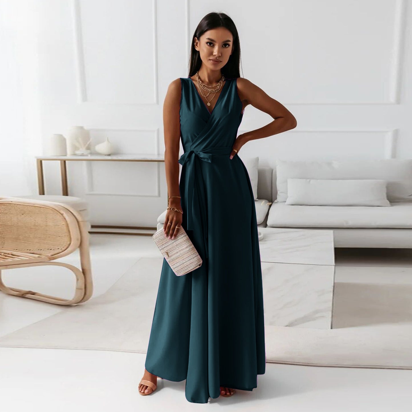 V-neck Sleeveless Dress With Belt