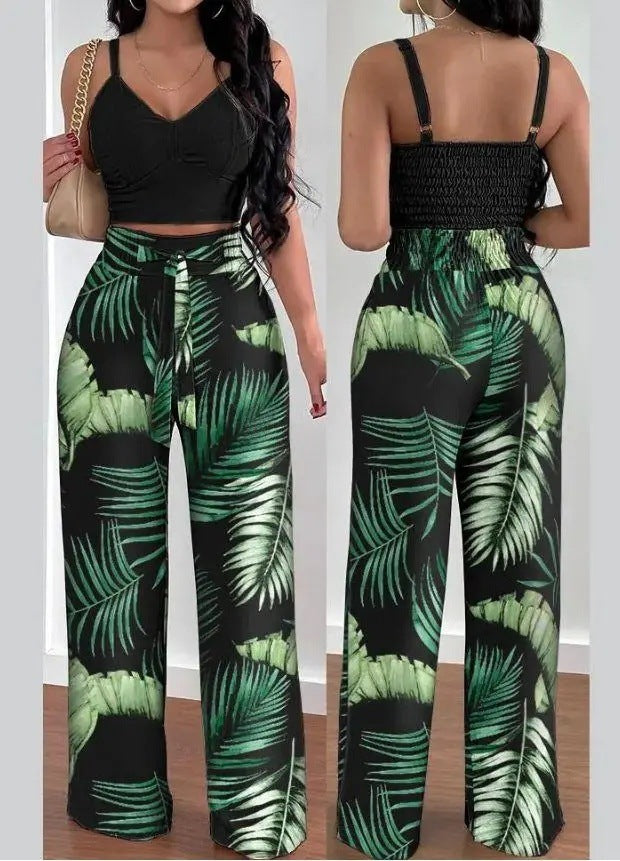 Spaghetti Strap V-neck Backless High Waist Pants Suit