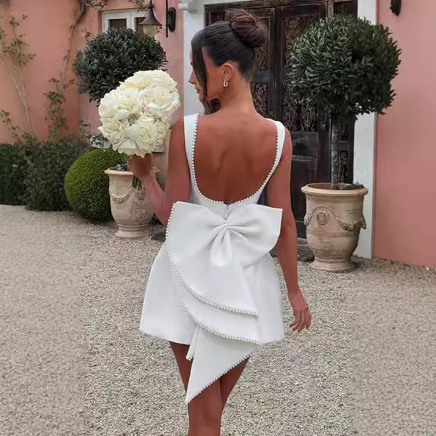 Bowed Pearls Backless Dress Summer