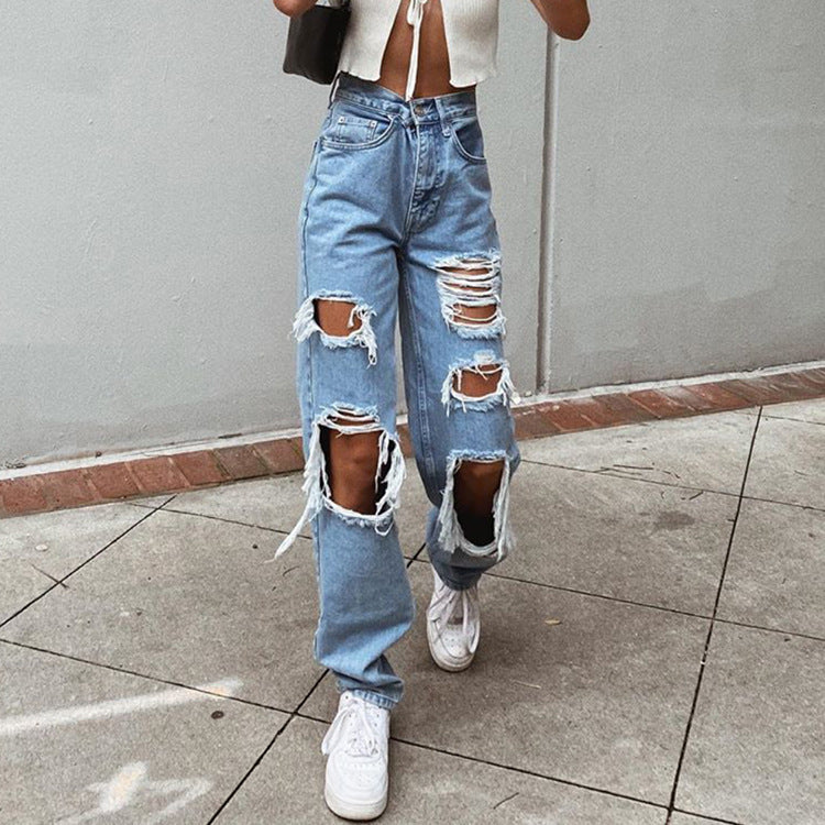 Retro Hole-punched Wide-legged Pants