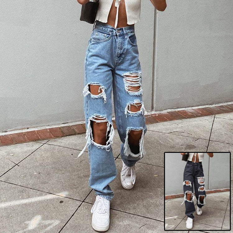 Retro Hole-punched Wide-legged Pants