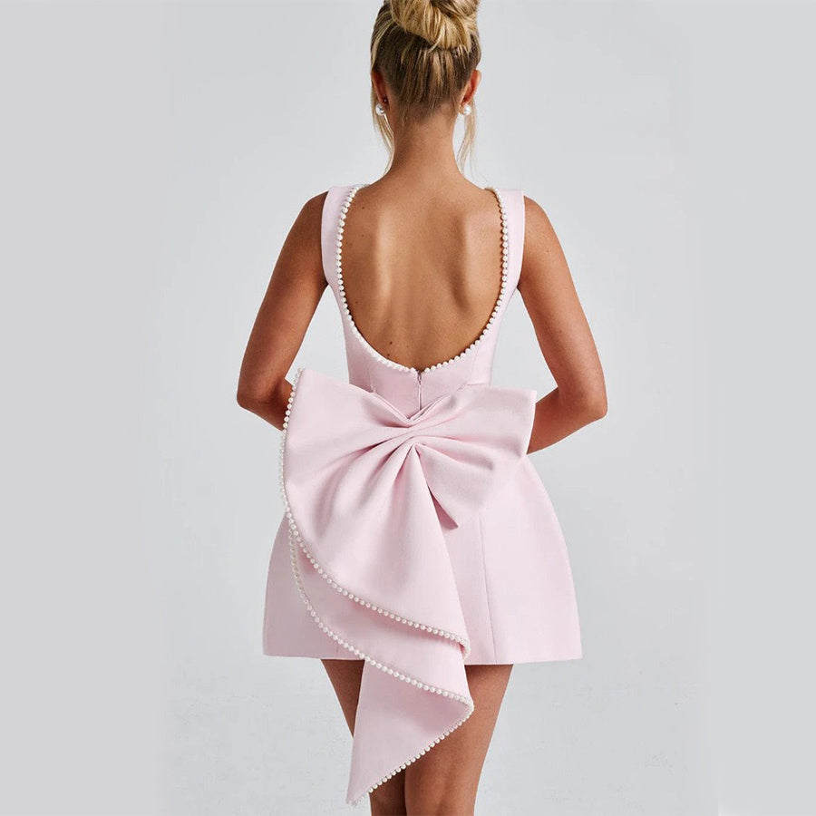 Bowed Pearls Backless Dress Summer