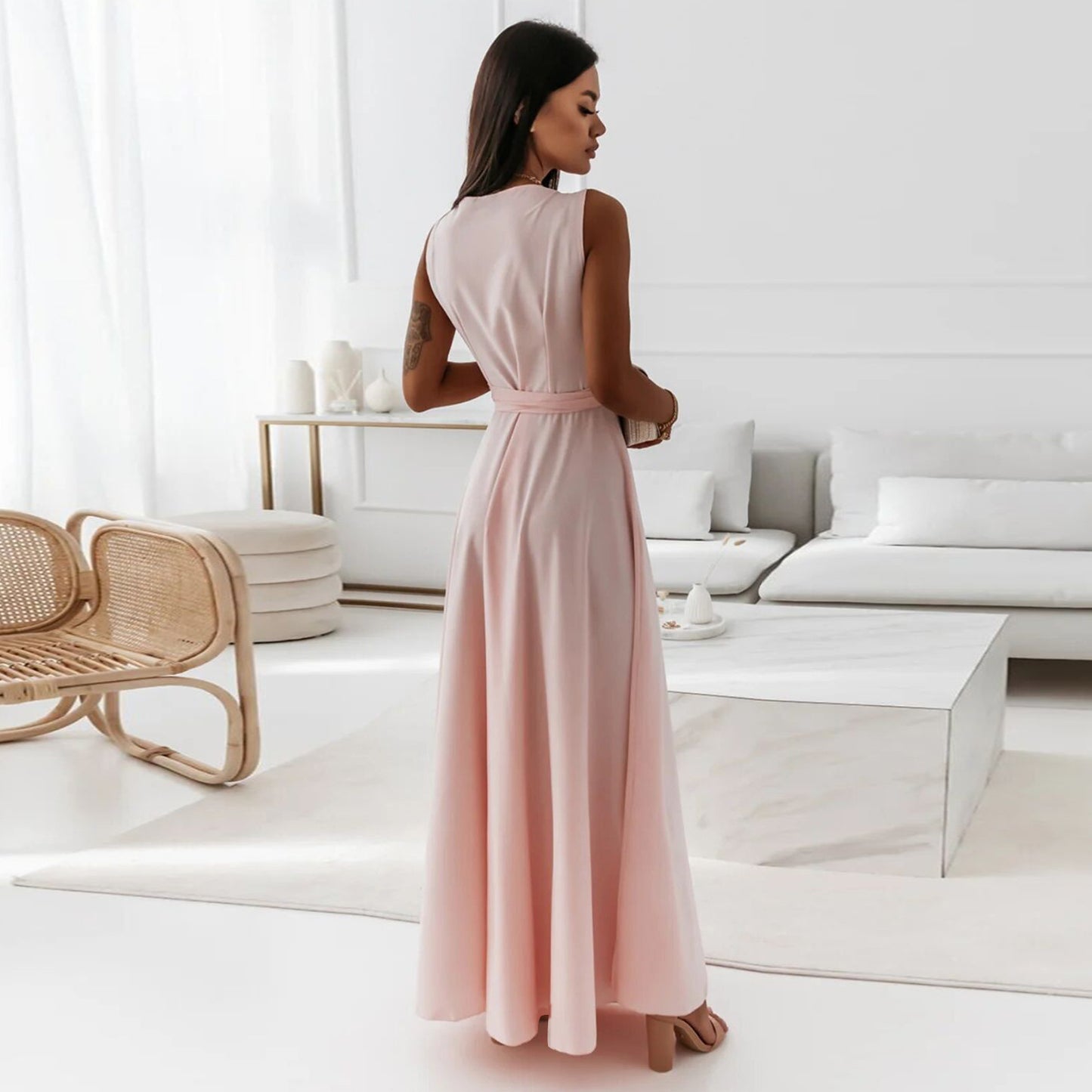 V-neck Sleeveless Dress With Belt