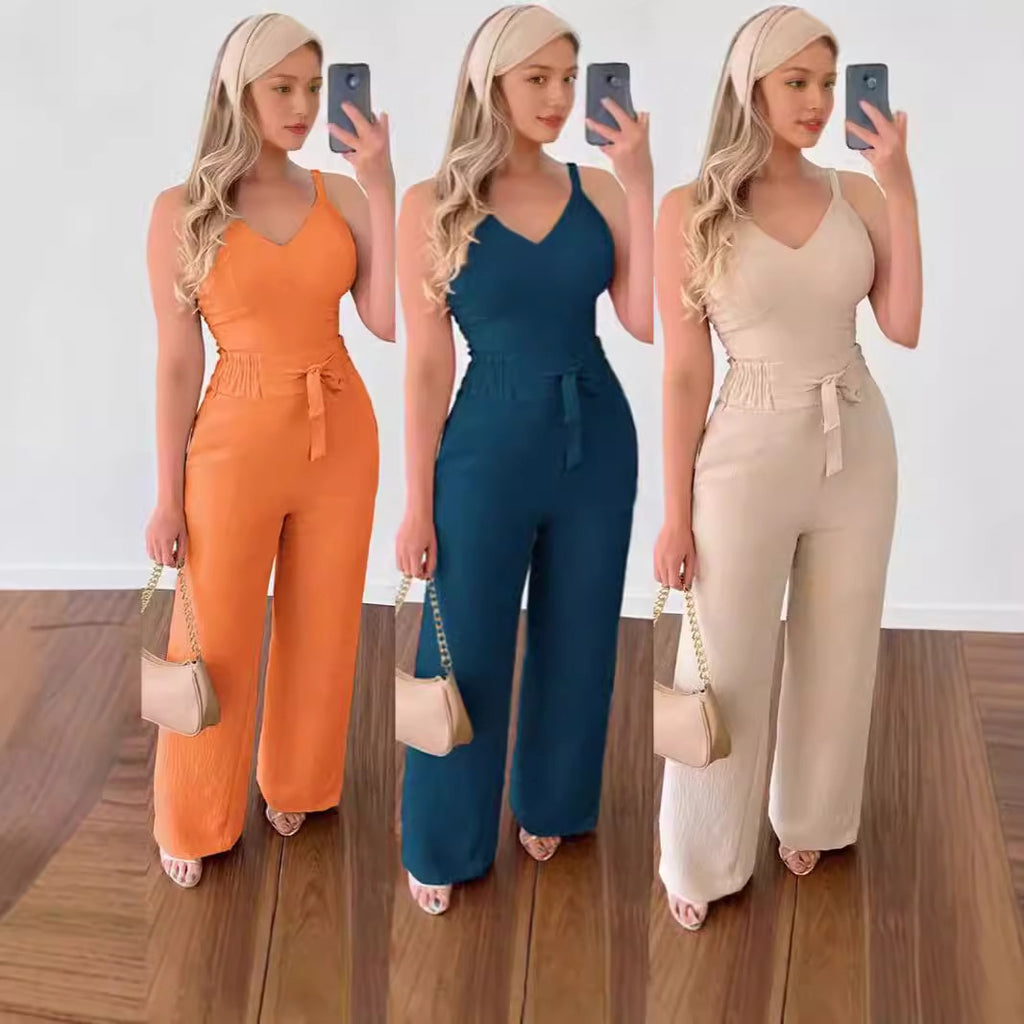 Spaghetti Strap V-neck Backless High Waist Pants Suit