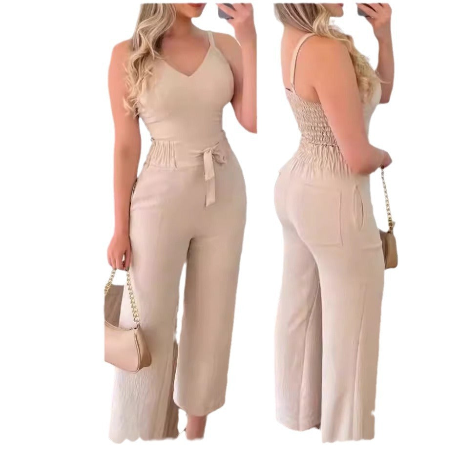 Spaghetti Strap V-neck Backless High Waist Pants Suit