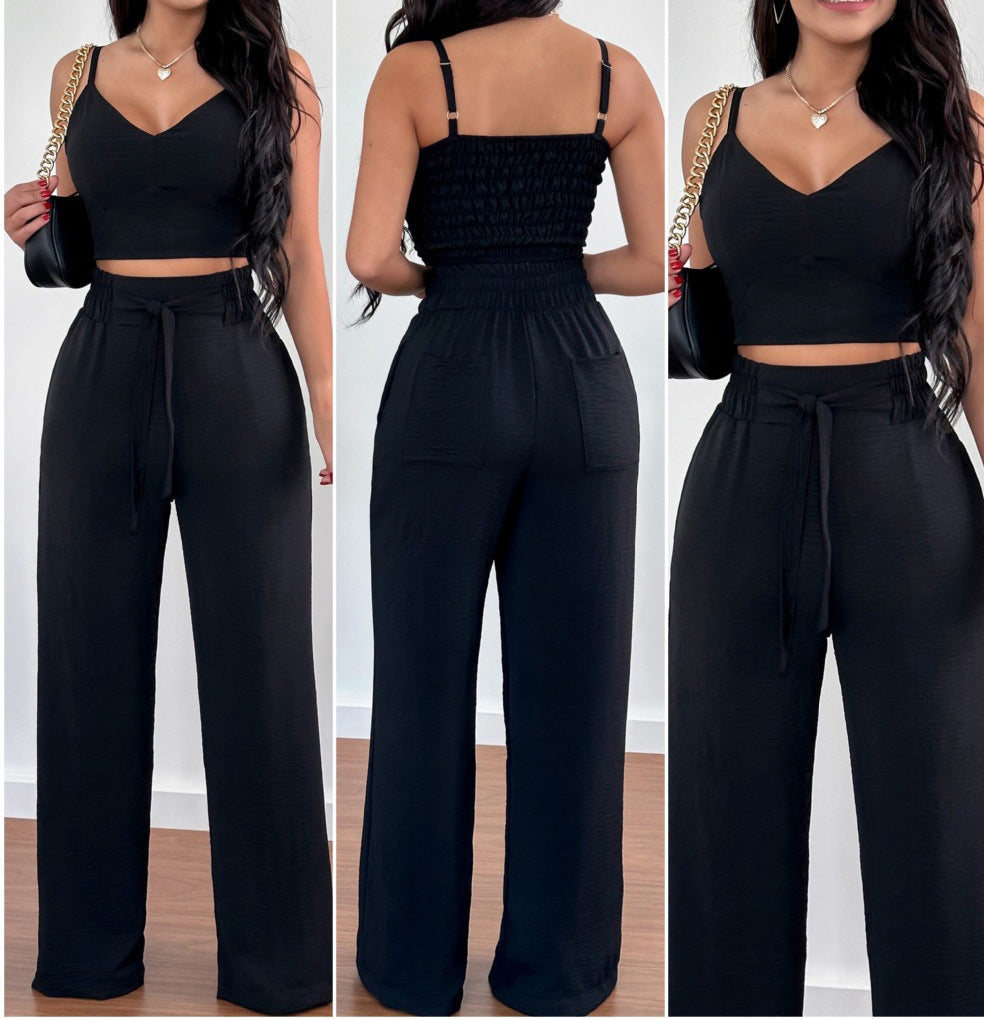 Spaghetti Strap V-neck Backless High Waist Pants Suit