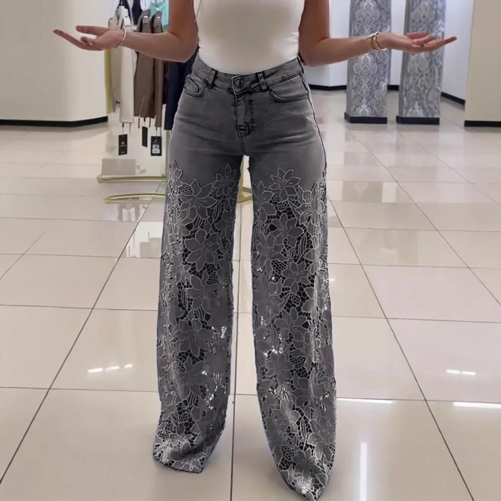 Hollow High Waist Straight Wide Leg Pants
