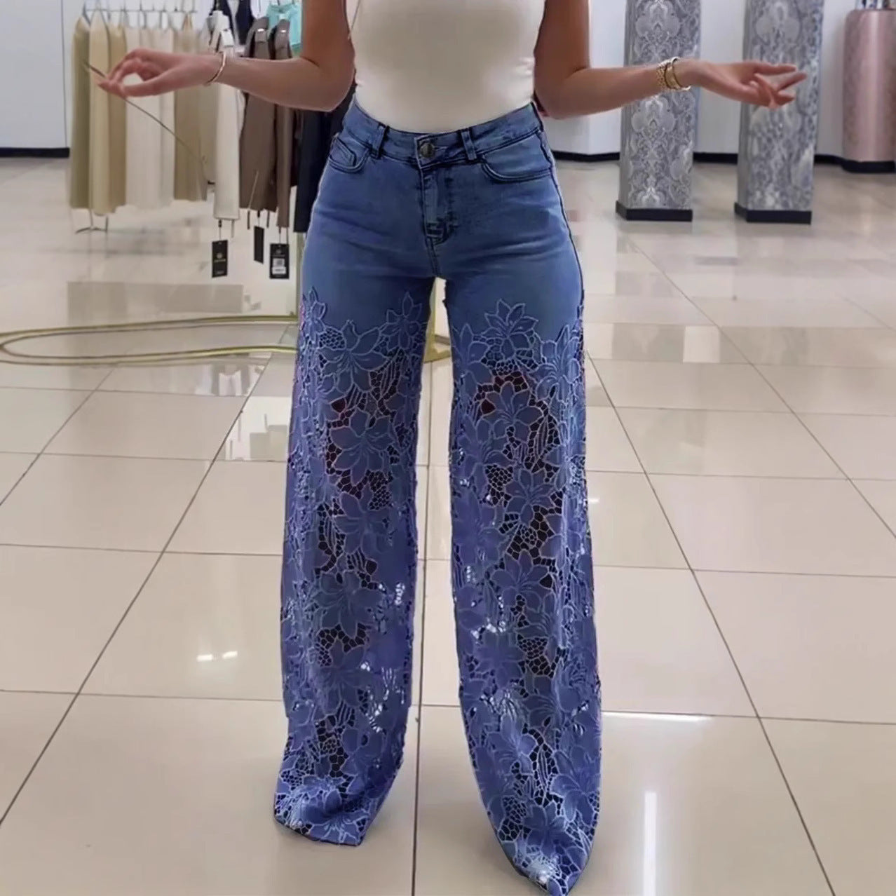 Hollow High Waist Straight Wide Leg Pants
