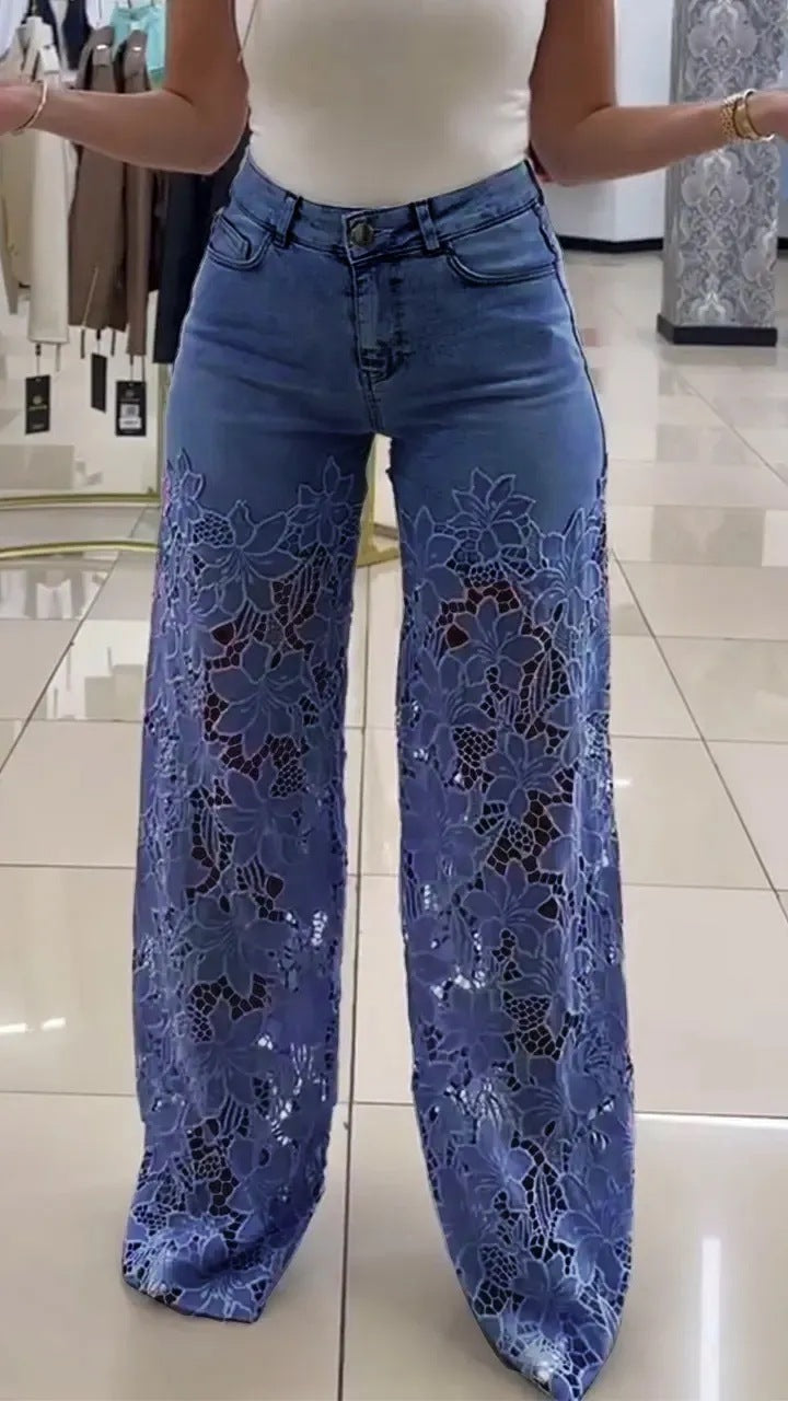 Hollow High Waist Straight Wide Leg Pants