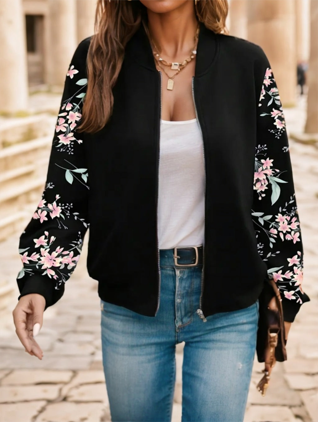 Floral Print Zip Up Jacket