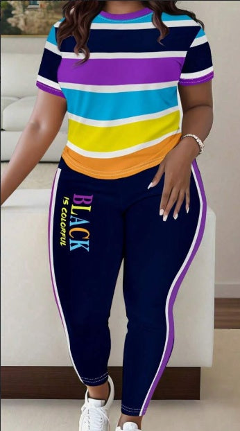 Colorful Stripe Print T-Shirt And Pants  Set