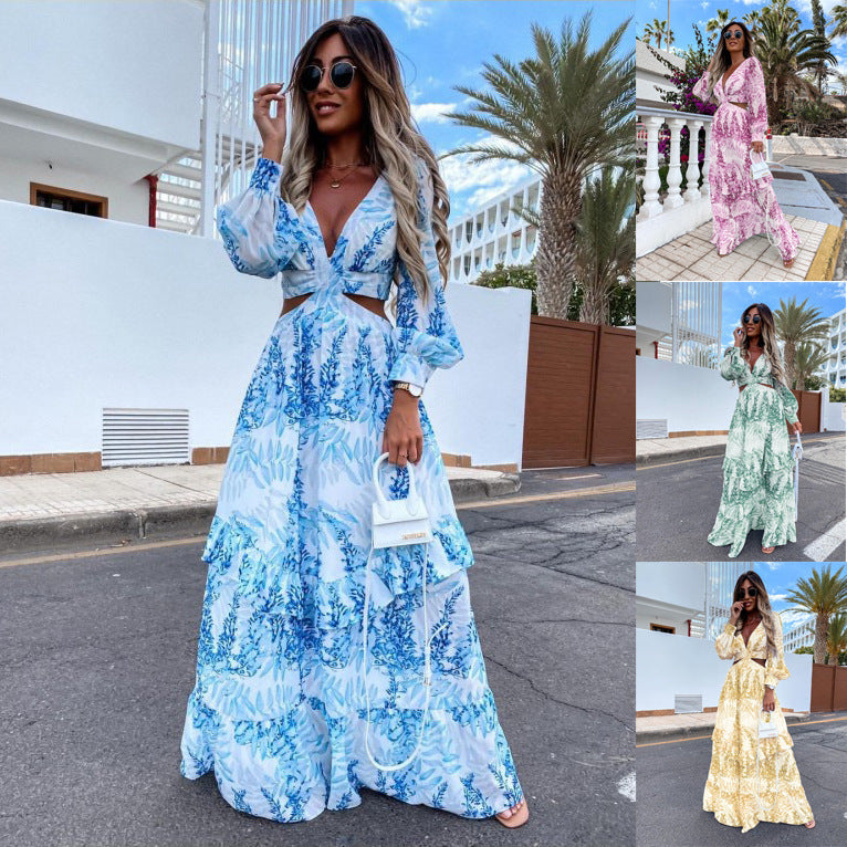Spring Summer Print V-neck Long Sleeve Dress