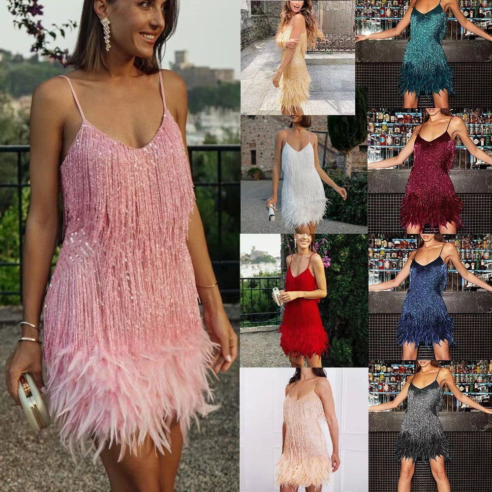 Tassel Sequins Feather Summer Mini Dress