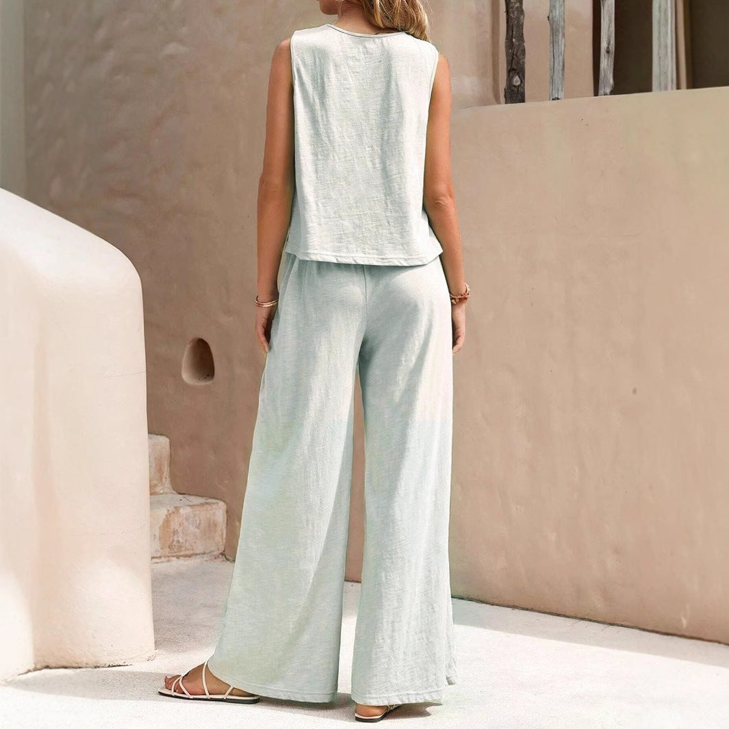 Vest Top And Casual Wide Leg Pants Set