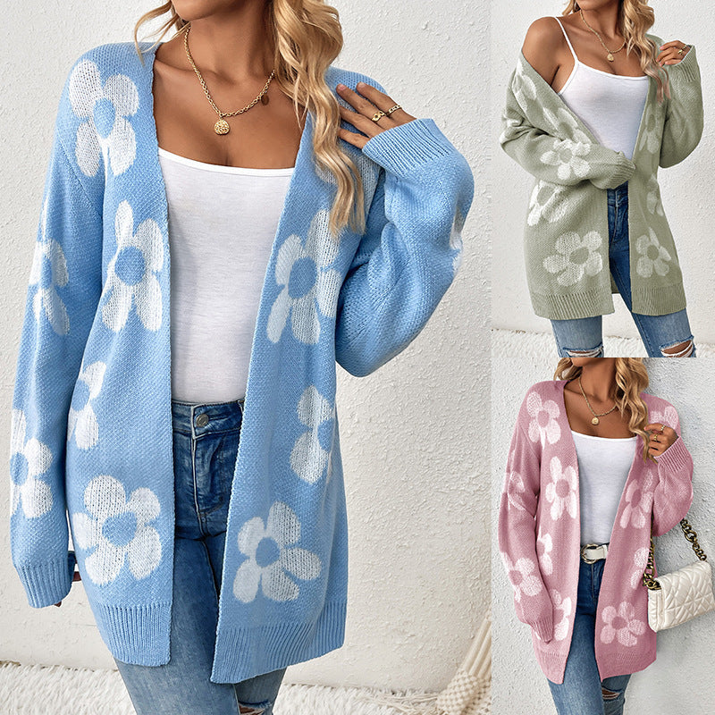 Loose Flower V-neck Knitted Cardigan