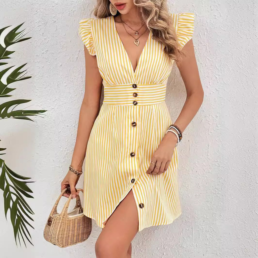 V-neck Splicing Stripe Beach Style Dress