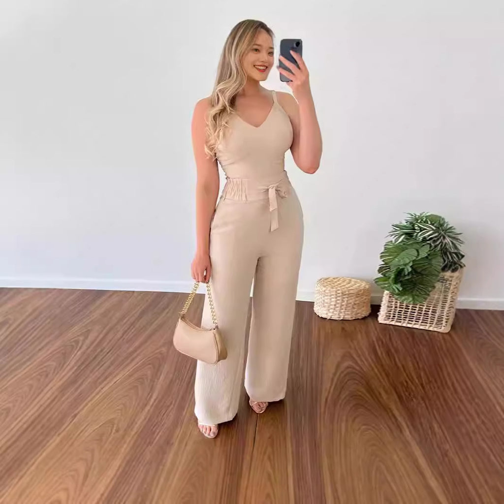 Spaghetti Strap V-neck Backless High Waist Pants Suit