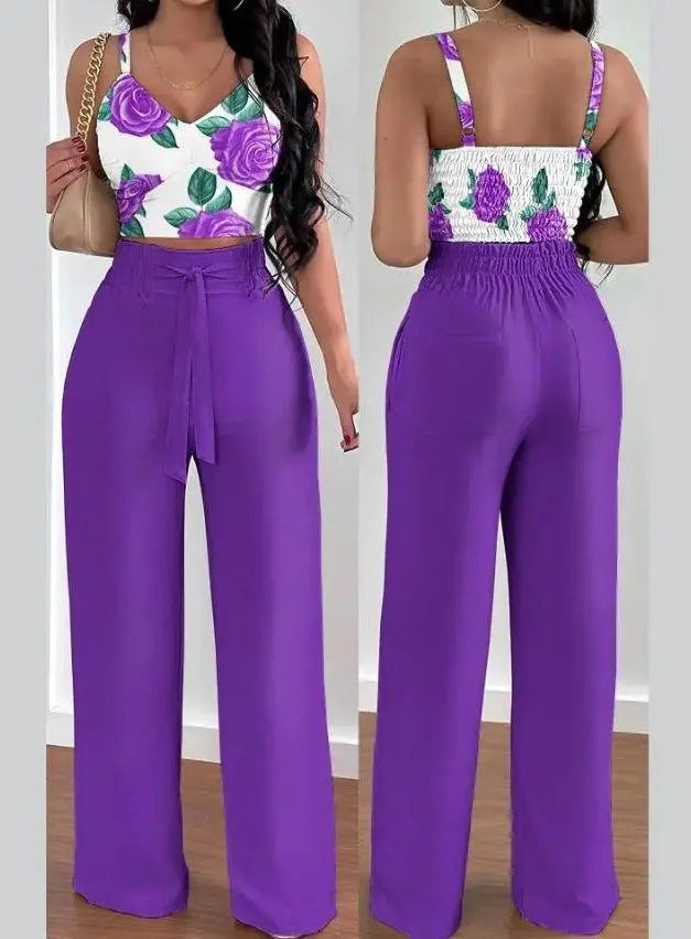 Spaghetti Strap V-neck Backless High Waist Pants Suit