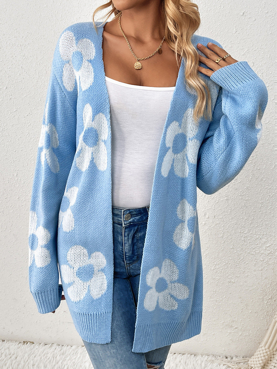 Loose Flower V-neck Knitted Cardigan