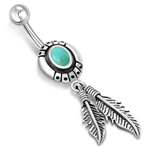 Ethnic Belly Navel Ring W Turquoise 316L & Silver