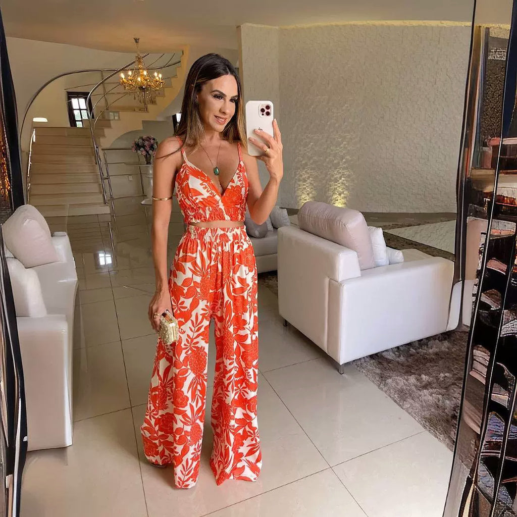 Floral Print Vest & Pants Suit