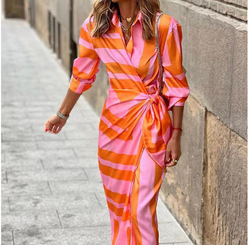Fashion Printed Shirt Dress With Belt