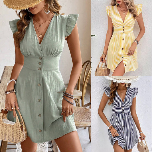 V-neck Splicing Stripe Beach Style Dress