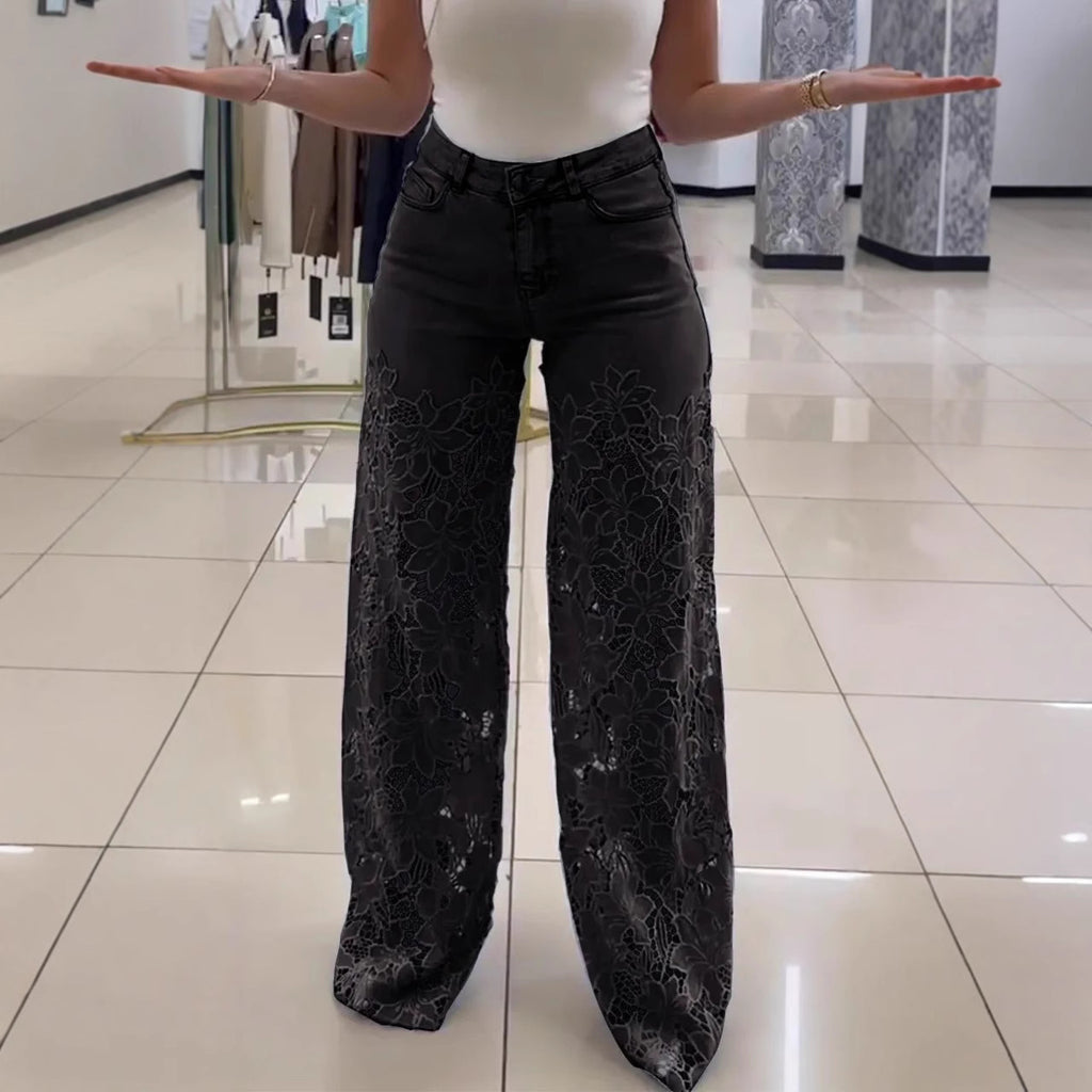 Hollow High Waist Straight Wide Leg Pants