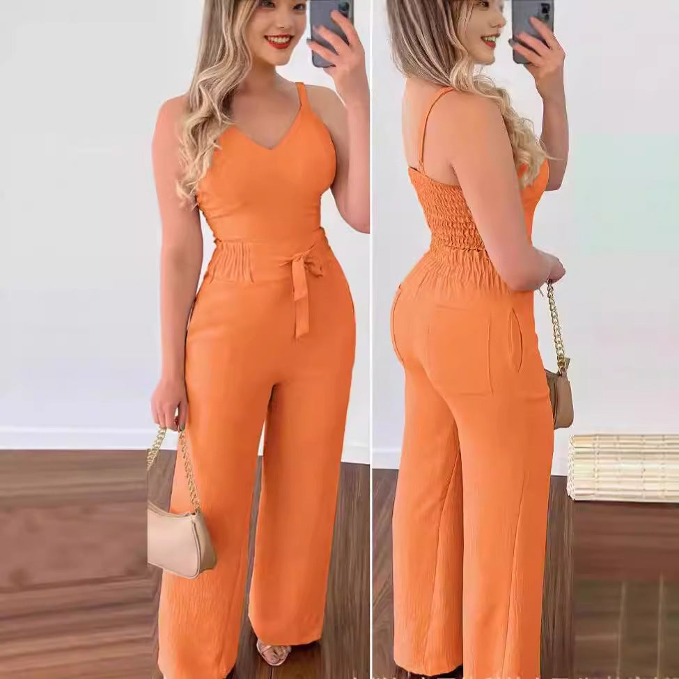 Spaghetti Strap V-neck Backless High Waist Pants Suit
