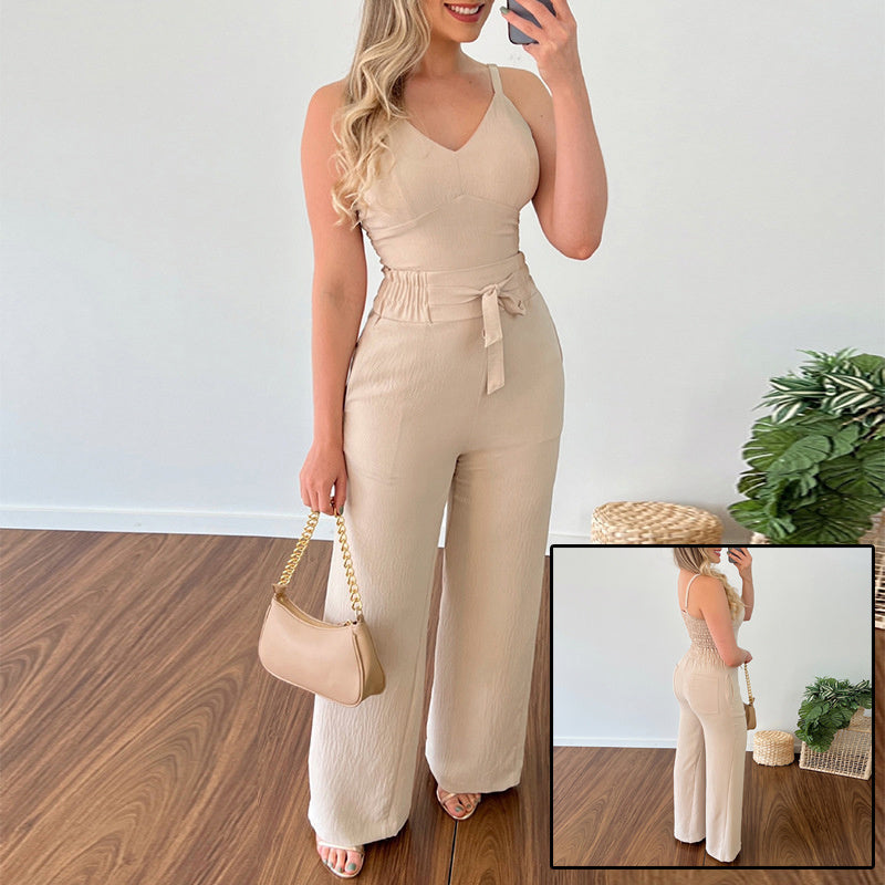 Spaghetti Strap V-neck Backless High Waist Pants Suit