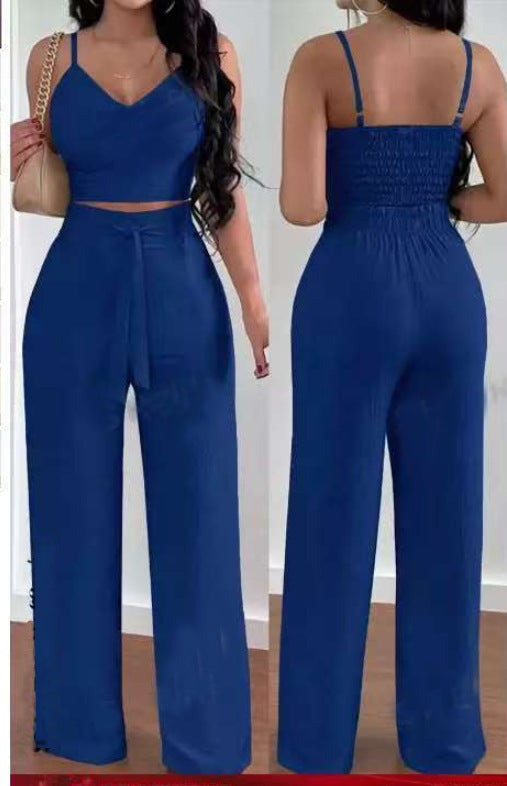 Spaghetti Strap V-neck Backless High Waist Pants Suit