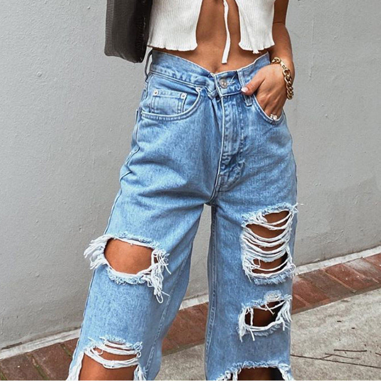 Retro Hole-punched Wide-legged Pants